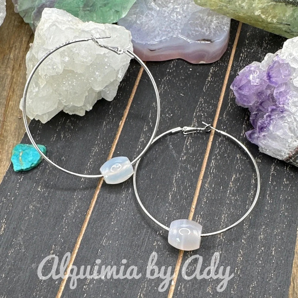 Oversized 4” long White jade big hoops silver statement extra large earrings - Picture 1 of 5
